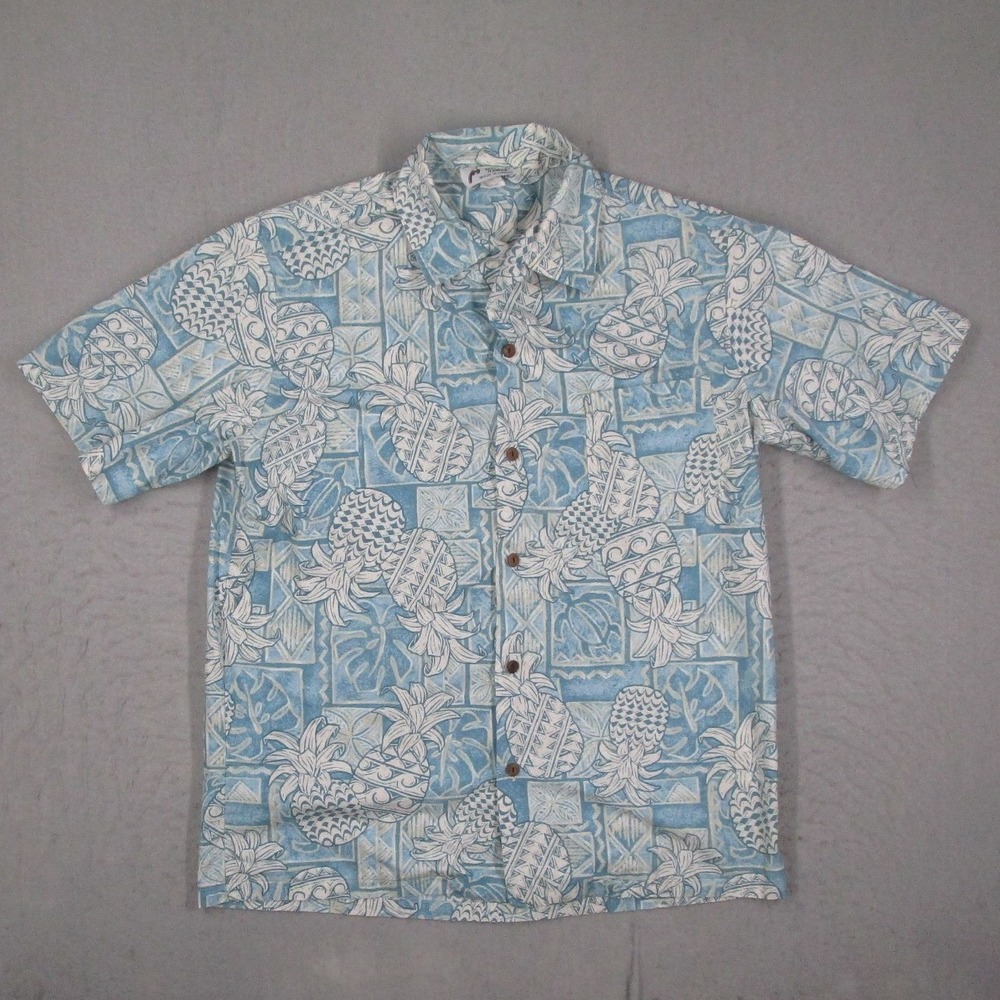 Vintage Malihini Hawaii Mens Large Blue Pineapple Tropical Print Aloha Shirt L
